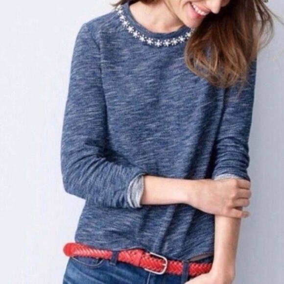 J. Crew Sweaters - J. Crew Marled Blue Jeweled Rhinestone Neck Knit Pullover Sweater Size Large